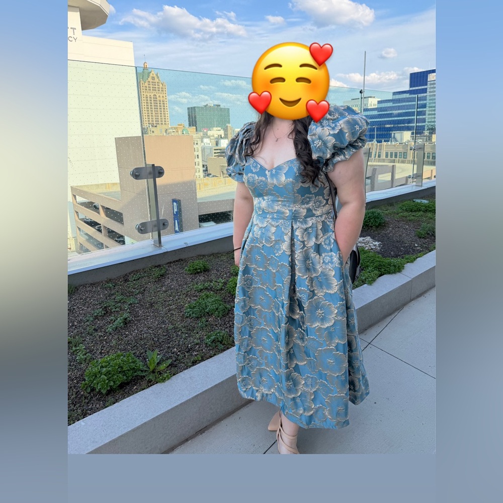 Blue Floral Puff-Sleeve Midi Dress